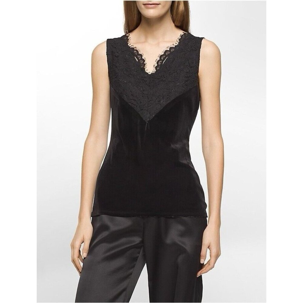 Calvin Klein Black Lace Velvet Velour Sleeveless Blouse Shirt Sz 0X